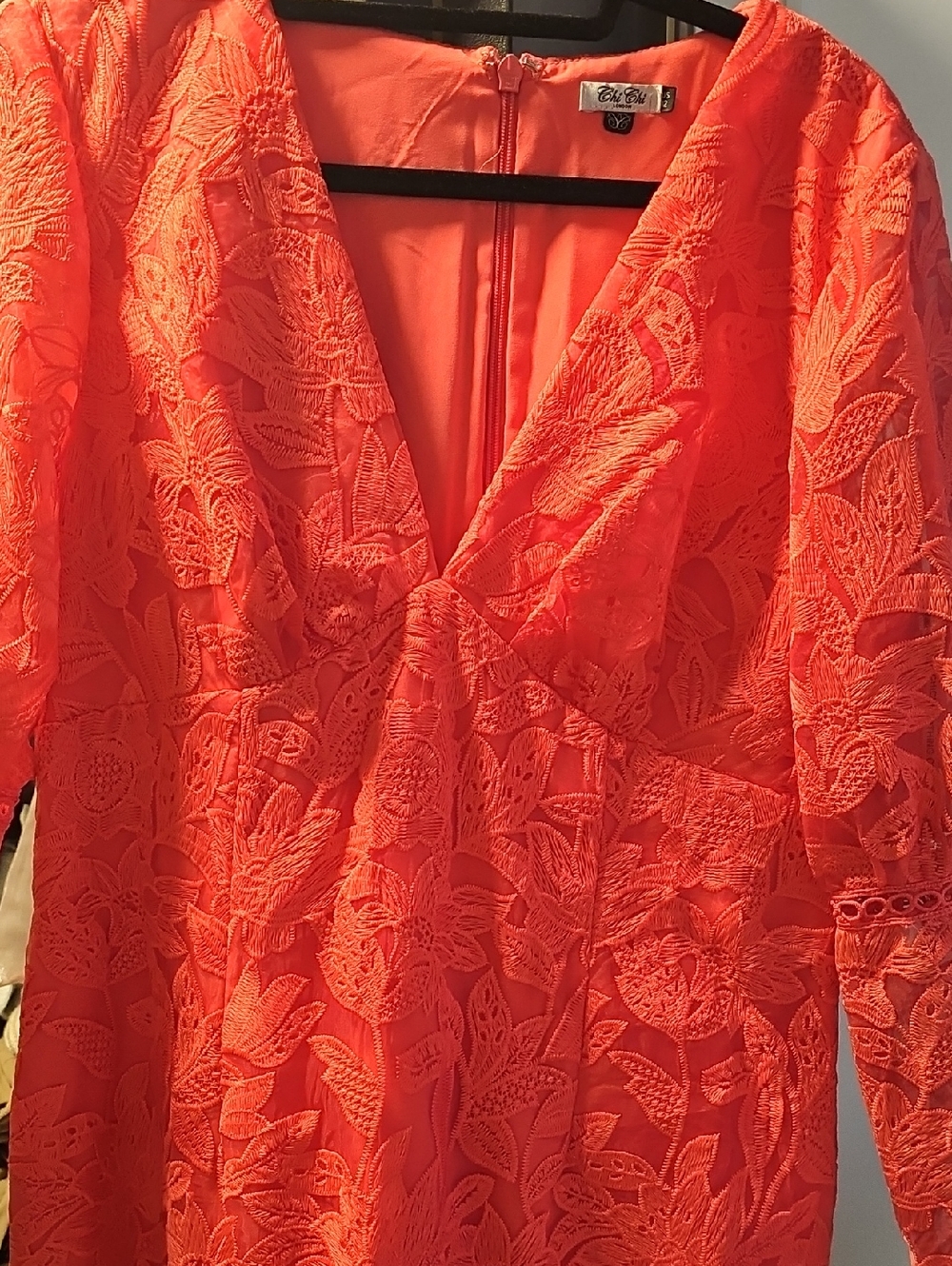 Chi Chi London Coral Lace V-Neck Stuuning And Slimming Event Dress